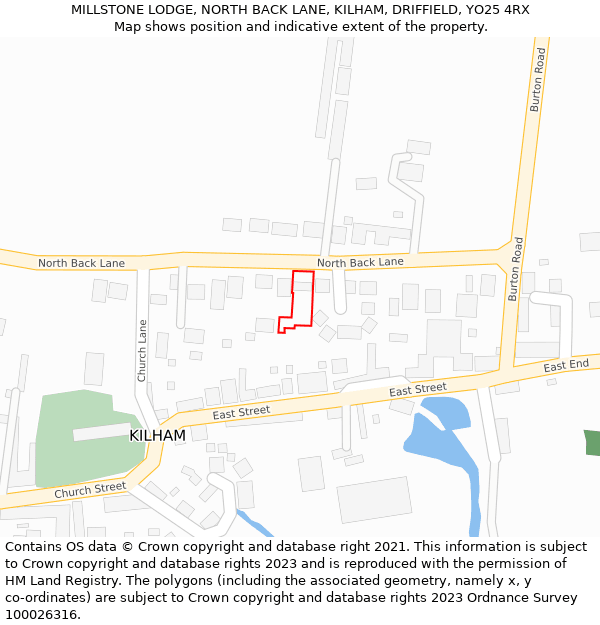 MILLSTONE LODGE, NORTH BACK LANE, KILHAM, DRIFFIELD, YO25 4RX: Location map and indicative extent of plot