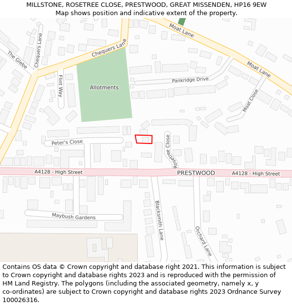 MILLSTONE, ROSETREE CLOSE, PRESTWOOD, GREAT MISSENDEN, HP16 9EW: Location map and indicative extent of plot