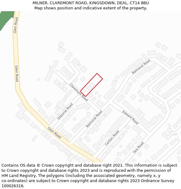 MILNER, CLAREMONT ROAD, KINGSDOWN, DEAL, CT14 8BU: Location map and indicative extent of plot