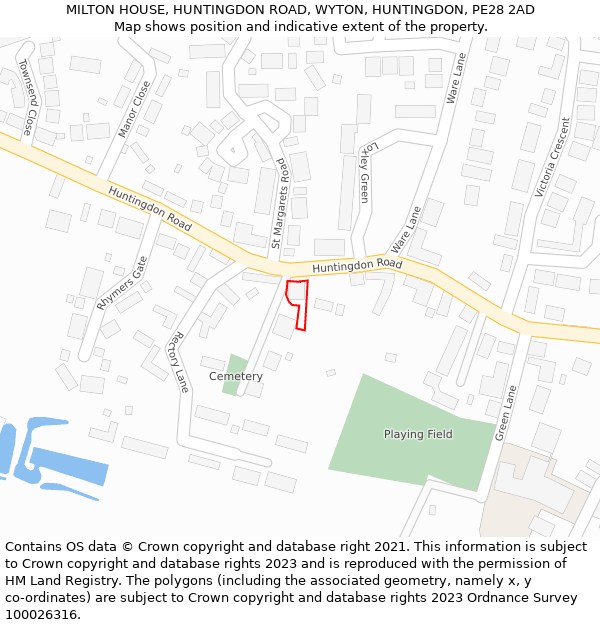 MILTON HOUSE, HUNTINGDON ROAD, WYTON, HUNTINGDON, PE28 2AD: Location map and indicative extent of plot