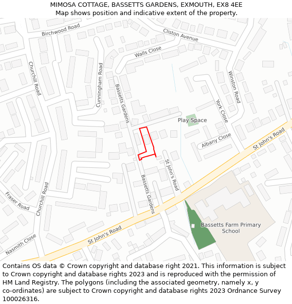 MIMOSA COTTAGE, BASSETTS GARDENS, EXMOUTH, EX8 4EE: Location map and indicative extent of plot