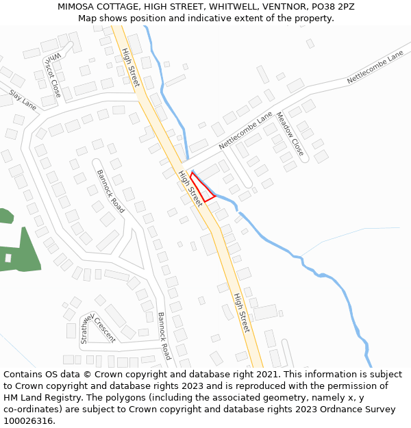 MIMOSA COTTAGE, HIGH STREET, WHITWELL, VENTNOR, PO38 2PZ: Location map and indicative extent of plot