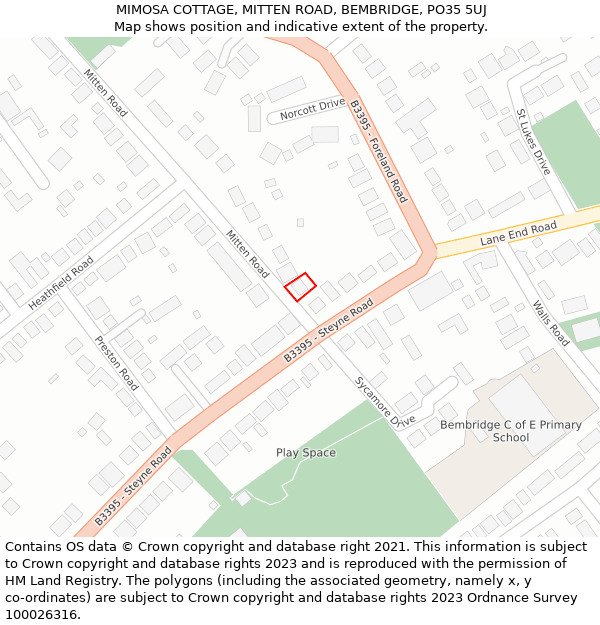 MIMOSA COTTAGE, MITTEN ROAD, BEMBRIDGE, PO35 5UJ: Location map and indicative extent of plot