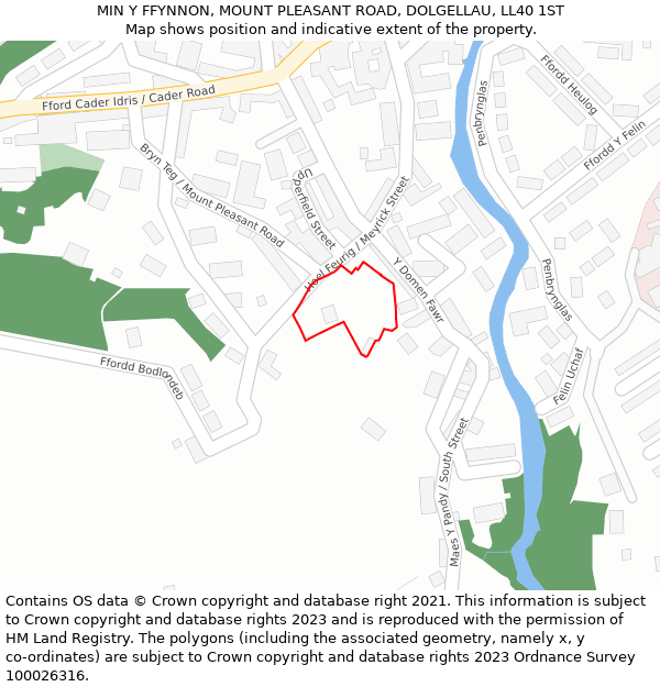 MIN Y FFYNNON, MOUNT PLEASANT ROAD, DOLGELLAU, LL40 1ST: Location map and indicative extent of plot