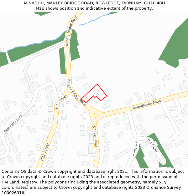 MINADHU, MANLEY BRIDGE ROAD, ROWLEDGE, FARNHAM, GU10 4BU: Location map and indicative extent of plot