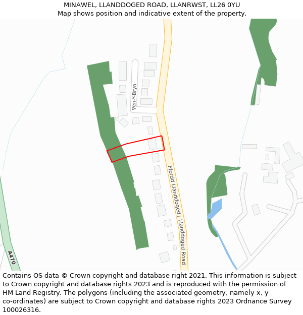 MINAWEL, LLANDDOGED ROAD, LLANRWST, LL26 0YU: Location map and indicative extent of plot