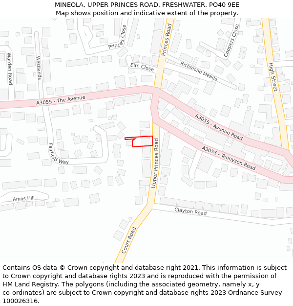 MINEOLA, UPPER PRINCES ROAD, FRESHWATER, PO40 9EE: Location map and indicative extent of plot