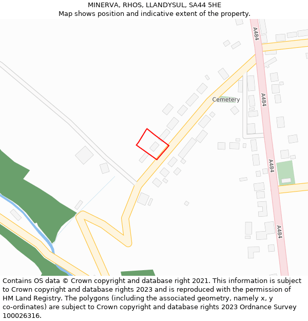 MINERVA, RHOS, LLANDYSUL, SA44 5HE: Location map and indicative extent of plot