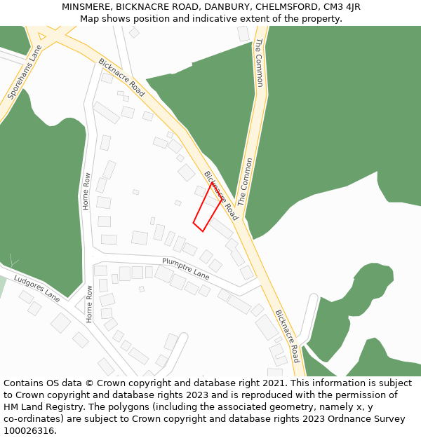 MINSMERE, BICKNACRE ROAD, DANBURY, CHELMSFORD, CM3 4JR: Location map and indicative extent of plot