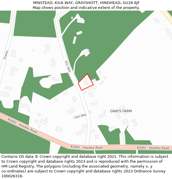 MINSTEAD, KILN WAY, GRAYSHOTT, HINDHEAD, GU26 6JF: Location map and indicative extent of plot
