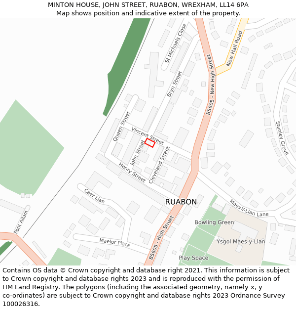 MINTON HOUSE, JOHN STREET, RUABON, WREXHAM, LL14 6PA: Location map and indicative extent of plot