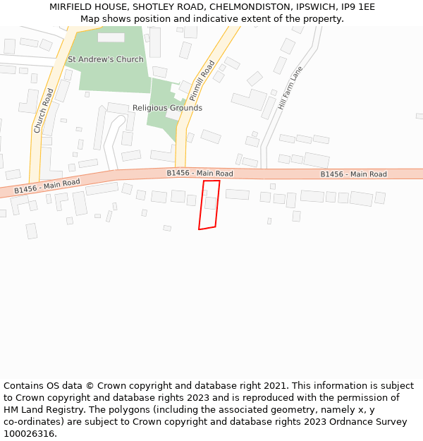 MIRFIELD HOUSE, SHOTLEY ROAD, CHELMONDISTON, IPSWICH, IP9 1EE: Location map and indicative extent of plot