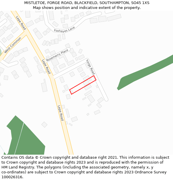 MISTLETOE, FORGE ROAD, BLACKFIELD, SOUTHAMPTON, SO45 1XS: Location map and indicative extent of plot