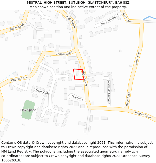 MISTRAL, HIGH STREET, BUTLEIGH, GLASTONBURY, BA6 8SZ: Location map and indicative extent of plot