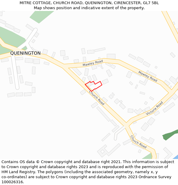 MITRE COTTAGE, CHURCH ROAD, QUENINGTON, CIRENCESTER, GL7 5BL: Location map and indicative extent of plot