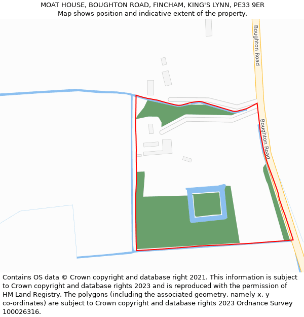 MOAT HOUSE, BOUGHTON ROAD, FINCHAM, KING'S LYNN, PE33 9ER: Location map and indicative extent of plot