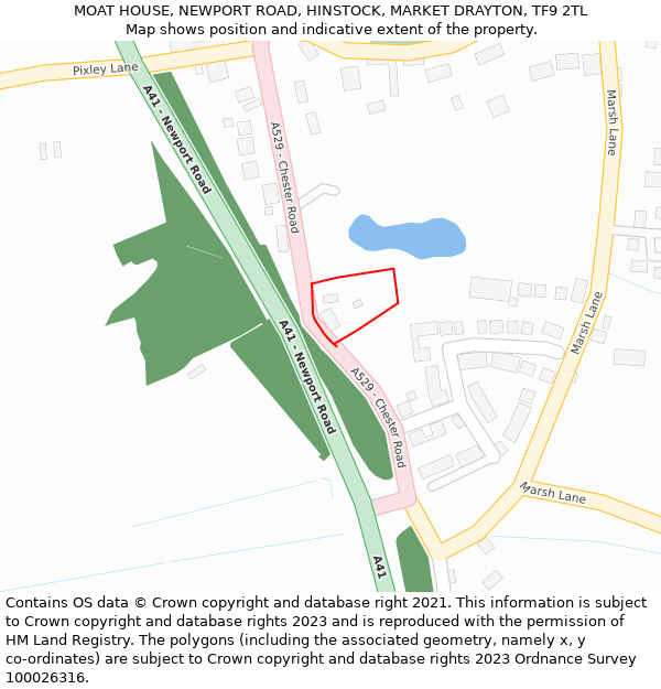 MOAT HOUSE, NEWPORT ROAD, HINSTOCK, MARKET DRAYTON, TF9 2TL: Location map and indicative extent of plot