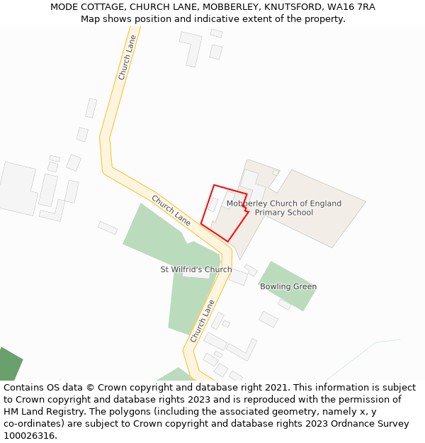 MODE COTTAGE, CHURCH LANE, MOBBERLEY, KNUTSFORD, WA16 7RA: Location map and indicative extent of plot