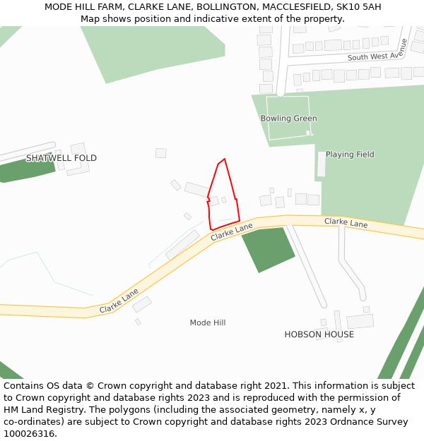 MODE HILL FARM, CLARKE LANE, BOLLINGTON, MACCLESFIELD, SK10 5AH: Location map and indicative extent of plot