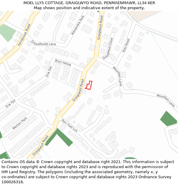 MOEL LLYS COTTAGE, GRAIGLWYD ROAD, PENMAENMAWR, LL34 6ER: Location map and indicative extent of plot