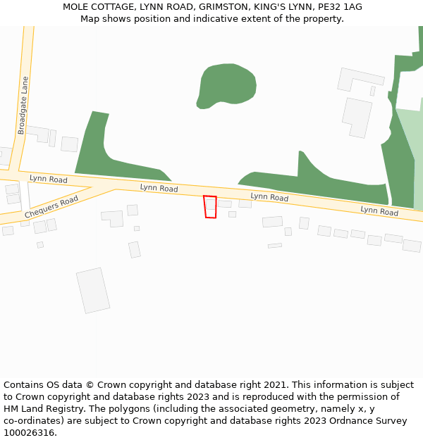 MOLE COTTAGE, LYNN ROAD, GRIMSTON, KING'S LYNN, PE32 1AG: Location map and indicative extent of plot