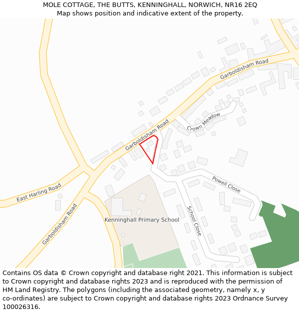 MOLE COTTAGE, THE BUTTS, KENNINGHALL, NORWICH, NR16 2EQ: Location map and indicative extent of plot