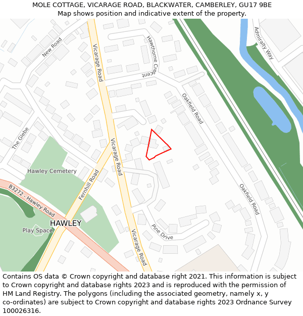 MOLE COTTAGE, VICARAGE ROAD, BLACKWATER, CAMBERLEY, GU17 9BE: Location map and indicative extent of plot