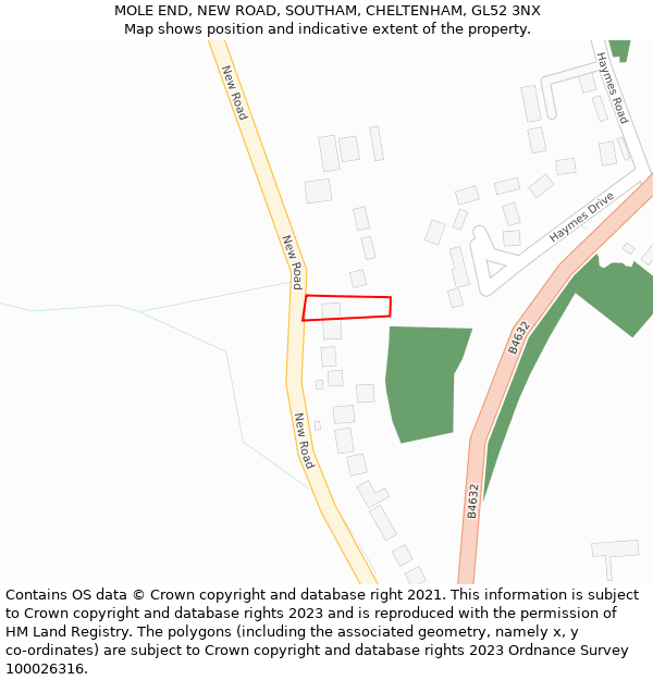 MOLE END, NEW ROAD, SOUTHAM, CHELTENHAM, GL52 3NX: Location map and indicative extent of plot