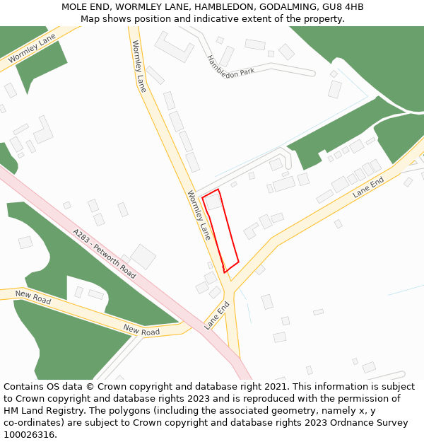 MOLE END, WORMLEY LANE, HAMBLEDON, GODALMING, GU8 4HB: Location map and indicative extent of plot