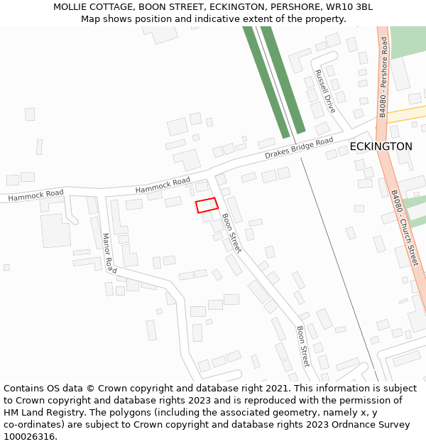 MOLLIE COTTAGE, BOON STREET, ECKINGTON, PERSHORE, WR10 3BL: Location map and indicative extent of plot