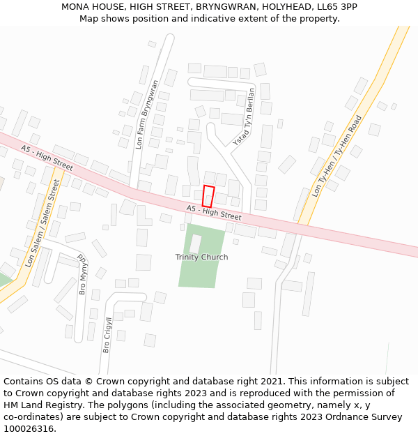 MONA HOUSE, HIGH STREET, BRYNGWRAN, HOLYHEAD, LL65 3PP: Location map and indicative extent of plot