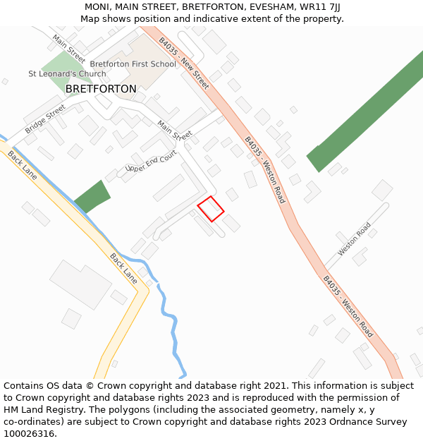 MONI, MAIN STREET, BRETFORTON, EVESHAM, WR11 7JJ: Location map and indicative extent of plot