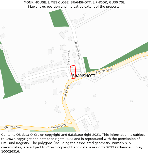 MONK HOUSE, LIMES CLOSE, BRAMSHOTT, LIPHOOK, GU30 7SL: Location map and indicative extent of plot