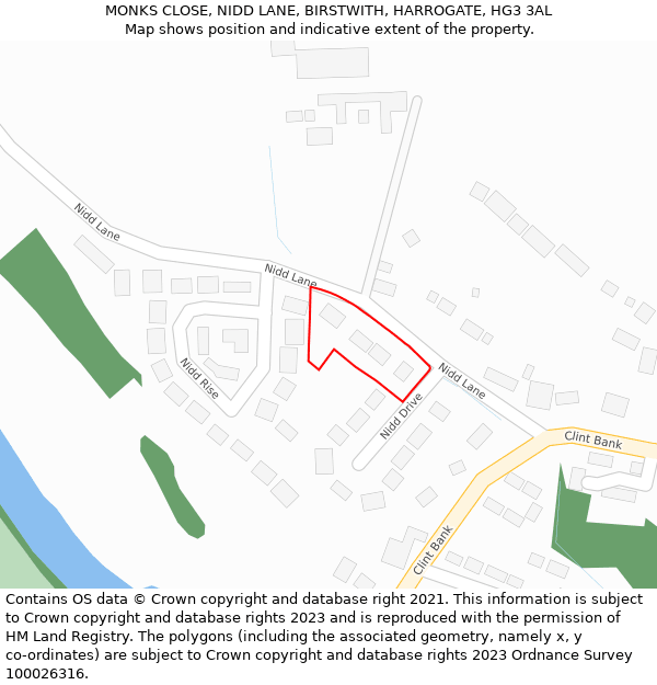 MONKS CLOSE, NIDD LANE, BIRSTWITH, HARROGATE, HG3 3AL: Location map and indicative extent of plot