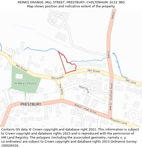 MONKS GRANGE, MILL STREET, PRESTBURY, CHELTENHAM, GL52 3BG: Location map and indicative extent of plot