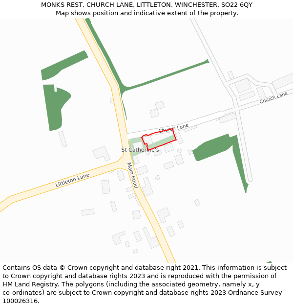 MONKS REST, CHURCH LANE, LITTLETON, WINCHESTER, SO22 6QY: Location map and indicative extent of plot