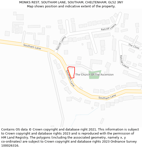 MONKS REST, SOUTHAM LANE, SOUTHAM, CHELTENHAM, GL52 3NY: Location map and indicative extent of plot