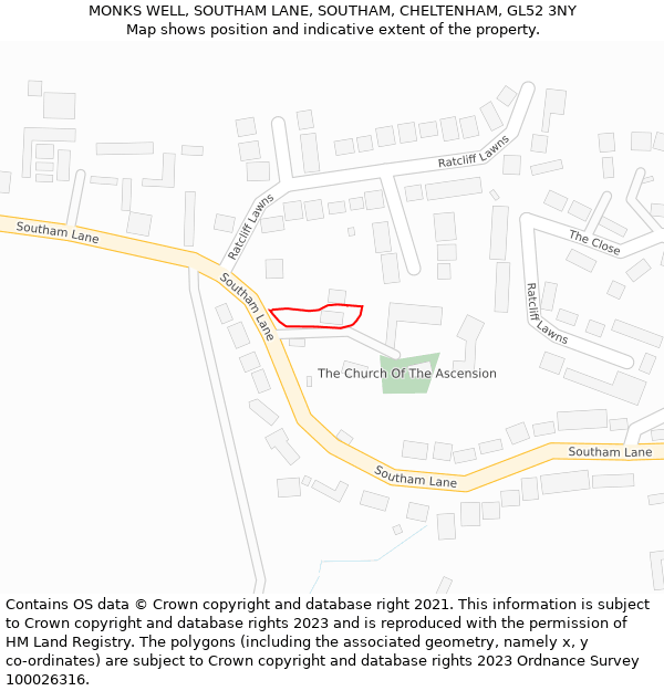 MONKS WELL, SOUTHAM LANE, SOUTHAM, CHELTENHAM, GL52 3NY: Location map and indicative extent of plot