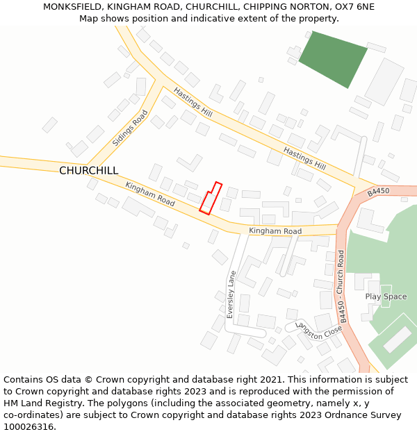 MONKSFIELD, KINGHAM ROAD, CHURCHILL, CHIPPING NORTON, OX7 6NE: Location map and indicative extent of plot