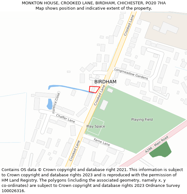 MONKTON HOUSE, CROOKED LANE, BIRDHAM, CHICHESTER, PO20 7HA: Location map and indicative extent of plot