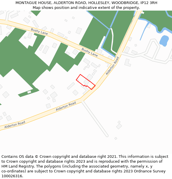 MONTAGUE HOUSE, ALDERTON ROAD, HOLLESLEY, WOODBRIDGE, IP12 3RH: Location map and indicative extent of plot