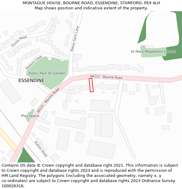 MONTAGUE HOUSE, BOURNE ROAD, ESSENDINE, STAMFORD, PE9 4LH: Location map and indicative extent of plot