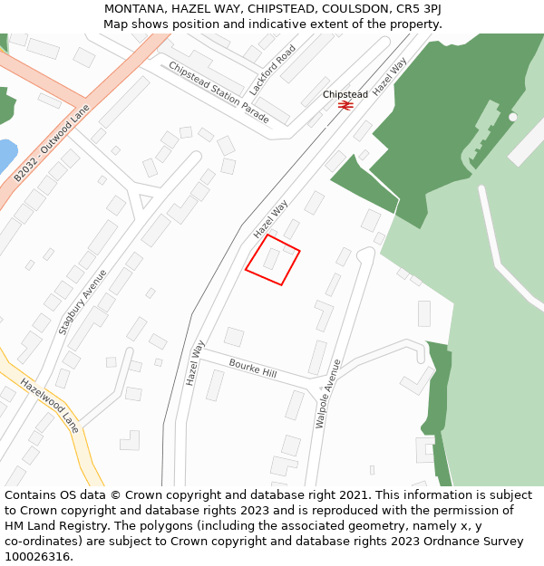 MONTANA, HAZEL WAY, CHIPSTEAD, COULSDON, CR5 3PJ: Location map and indicative extent of plot