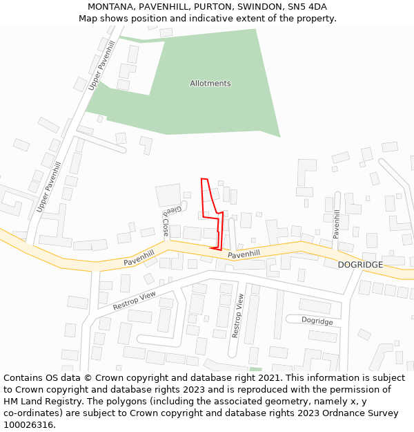 MONTANA, PAVENHILL, PURTON, SWINDON, SN5 4DA: Location map and indicative extent of plot