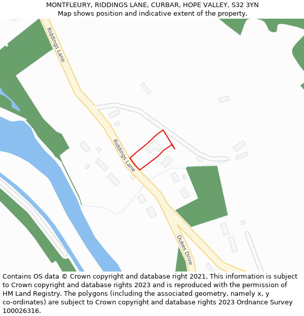 MONTFLEURY, RIDDINGS LANE, CURBAR, HOPE VALLEY, S32 3YN: Location map and indicative extent of plot