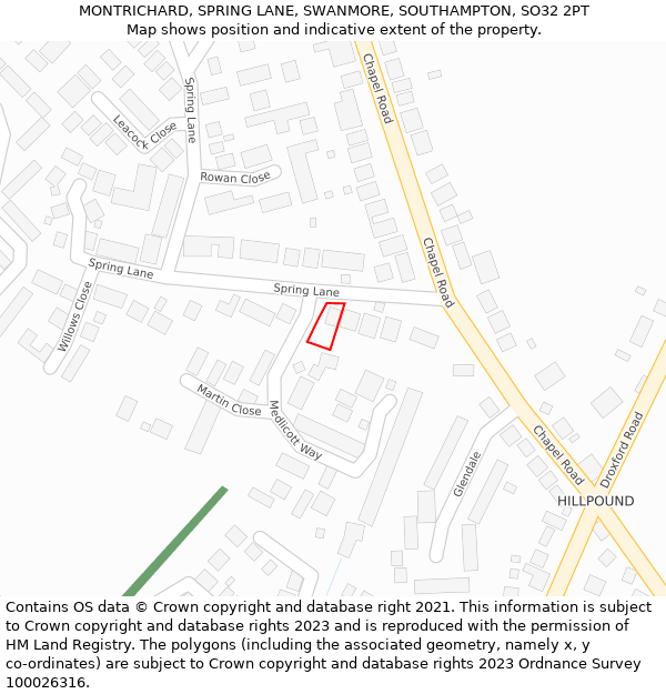 MONTRICHARD, SPRING LANE, SWANMORE, SOUTHAMPTON, SO32 2PT: Location map and indicative extent of plot