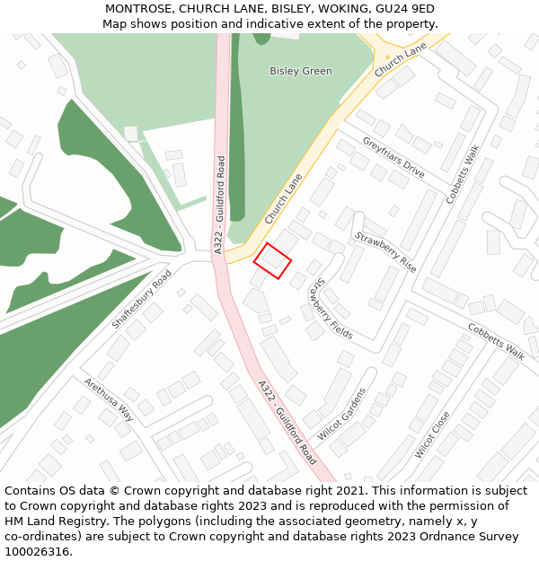 MONTROSE, CHURCH LANE, BISLEY, WOKING, GU24 9ED: Location map and indicative extent of plot