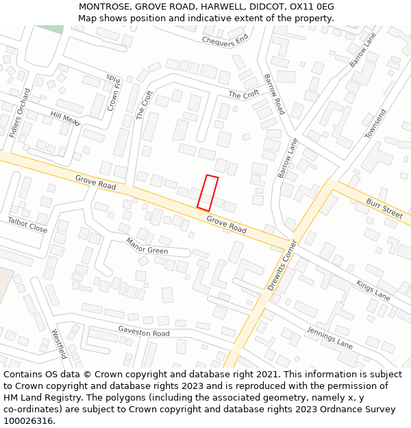 MONTROSE, GROVE ROAD, HARWELL, DIDCOT, OX11 0EG: Location map and indicative extent of plot