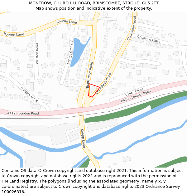 MONTROW, CHURCHILL ROAD, BRIMSCOMBE, STROUD, GL5 2TT: Location map and indicative extent of plot