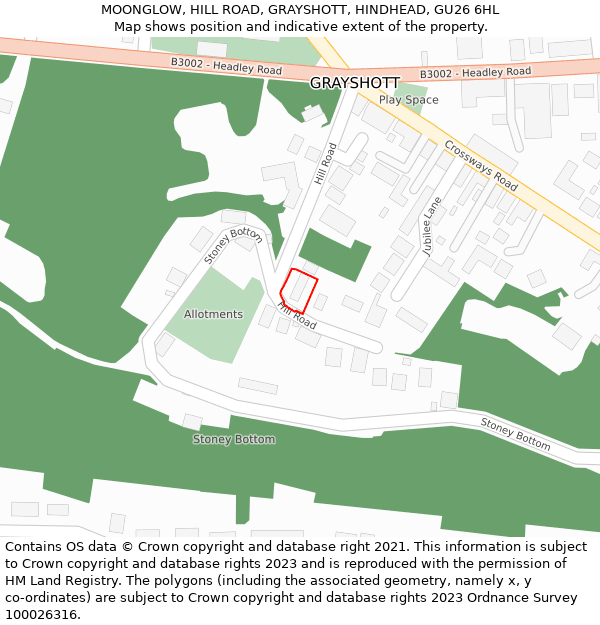 MOONGLOW, HILL ROAD, GRAYSHOTT, HINDHEAD, GU26 6HL: Location map and indicative extent of plot